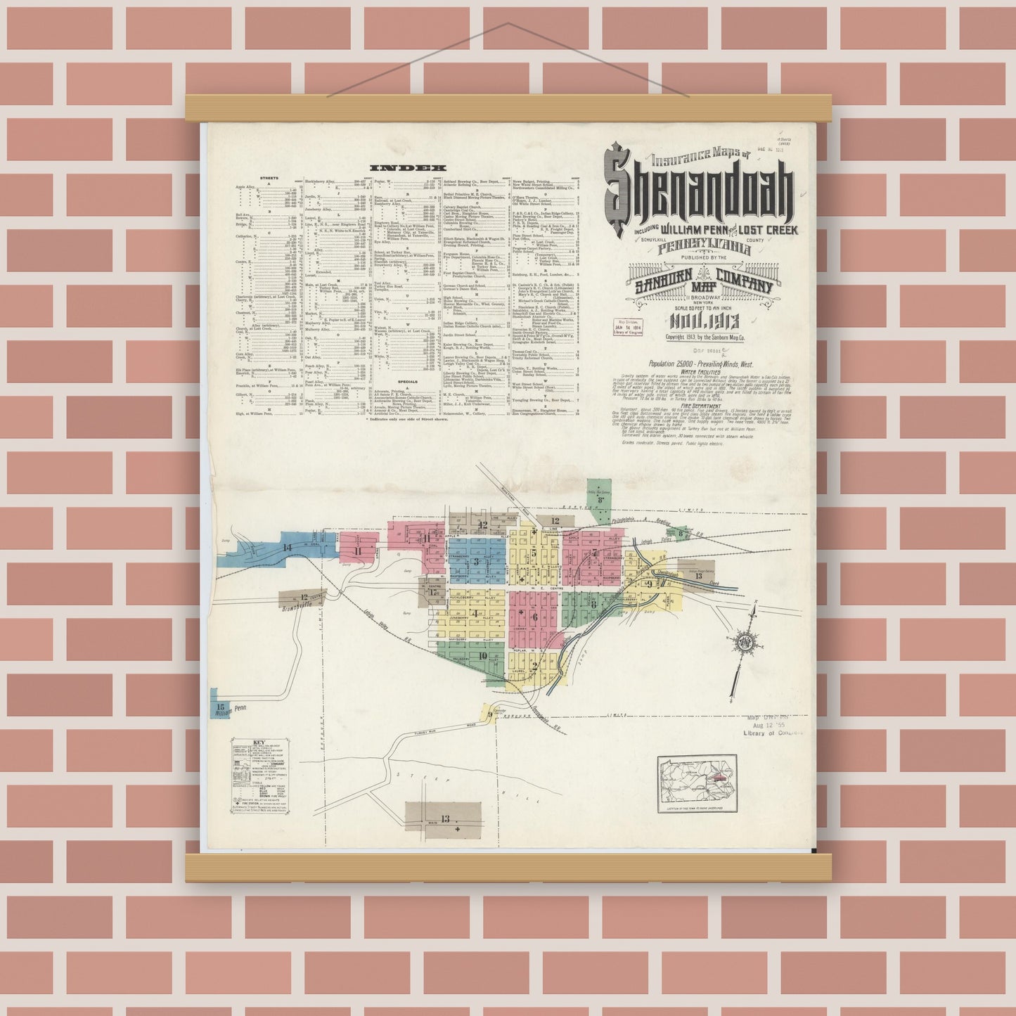 Old map wall art mockup — magnetic wood frame on brick wall — Sanborn Fire Insurance Map from Shenandoah, Schuylkill County, Pennsylvania (1913) - Complete Map Set