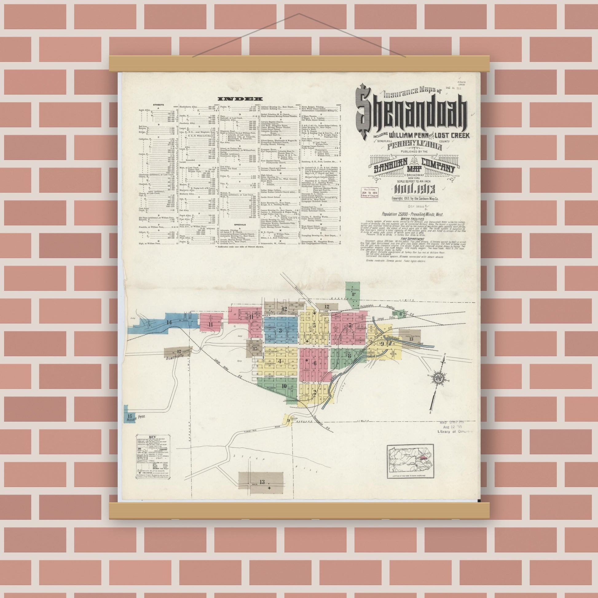 Old map wall art mockup — magnetic wood frame on brick wall — Sanborn Fire Insurance Map from Shenandoah, Schuylkill County, Pennsylvania (1913) - Complete Map Set