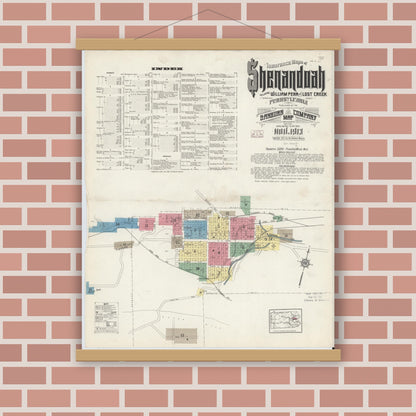 Old map wall art mockup — magnetic wood frame on brick wall — Sanborn Fire Insurance Map from Shenandoah, Schuylkill County, Pennsylvania (1913) - Complete Map Set