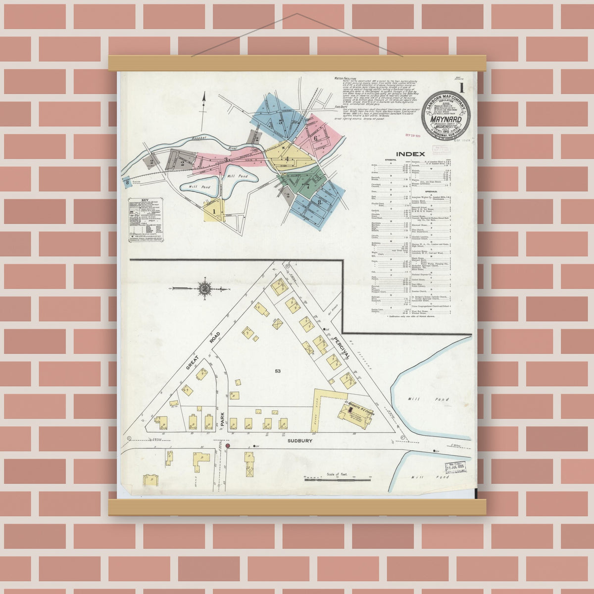 Old map wall art mockup — magnetic wood frame on brick wall — Sanborn Fire Insurance Map from Maynard, Middlesex County, Massachusetts (1910) - Complete Map Set