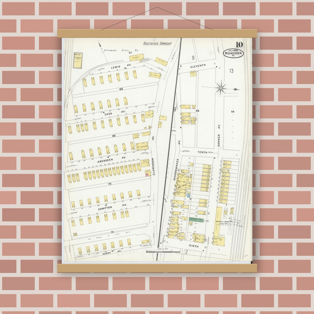 Old map wall art mockup — magnetic wood frame on brick wall — Sanborn Fire Insurance Map from Monessen, Westmoreland County, Pennsylvania (1908), Sheet #0010