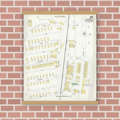 Old map wall art mockup — magnetic wood frame on brick wall — Sanborn Fire Insurance Map from Monessen, Westmoreland County, Pennsylvania (1908), Sheet #0010