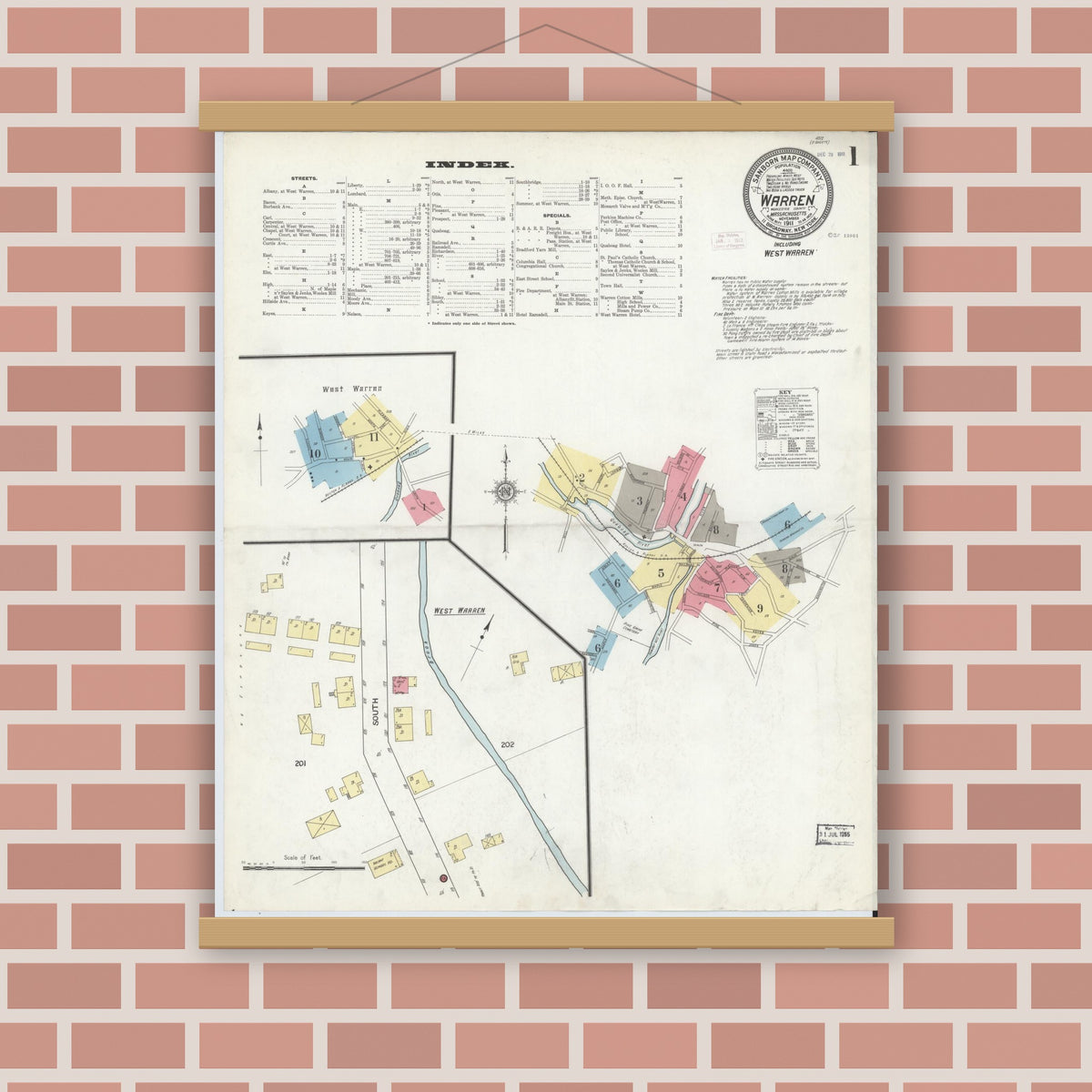 Old map wall art mockup — magnetic wood frame on brick wall — Sanborn Fire Insurance Map from Warren, Worcester County, Massachusetts (1911), Sheet #0001