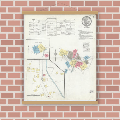 Old map wall art mockup — magnetic wood frame on brick wall — Sanborn Fire Insurance Map from Warren, Worcester County, Massachusetts (1911), Sheet #0001