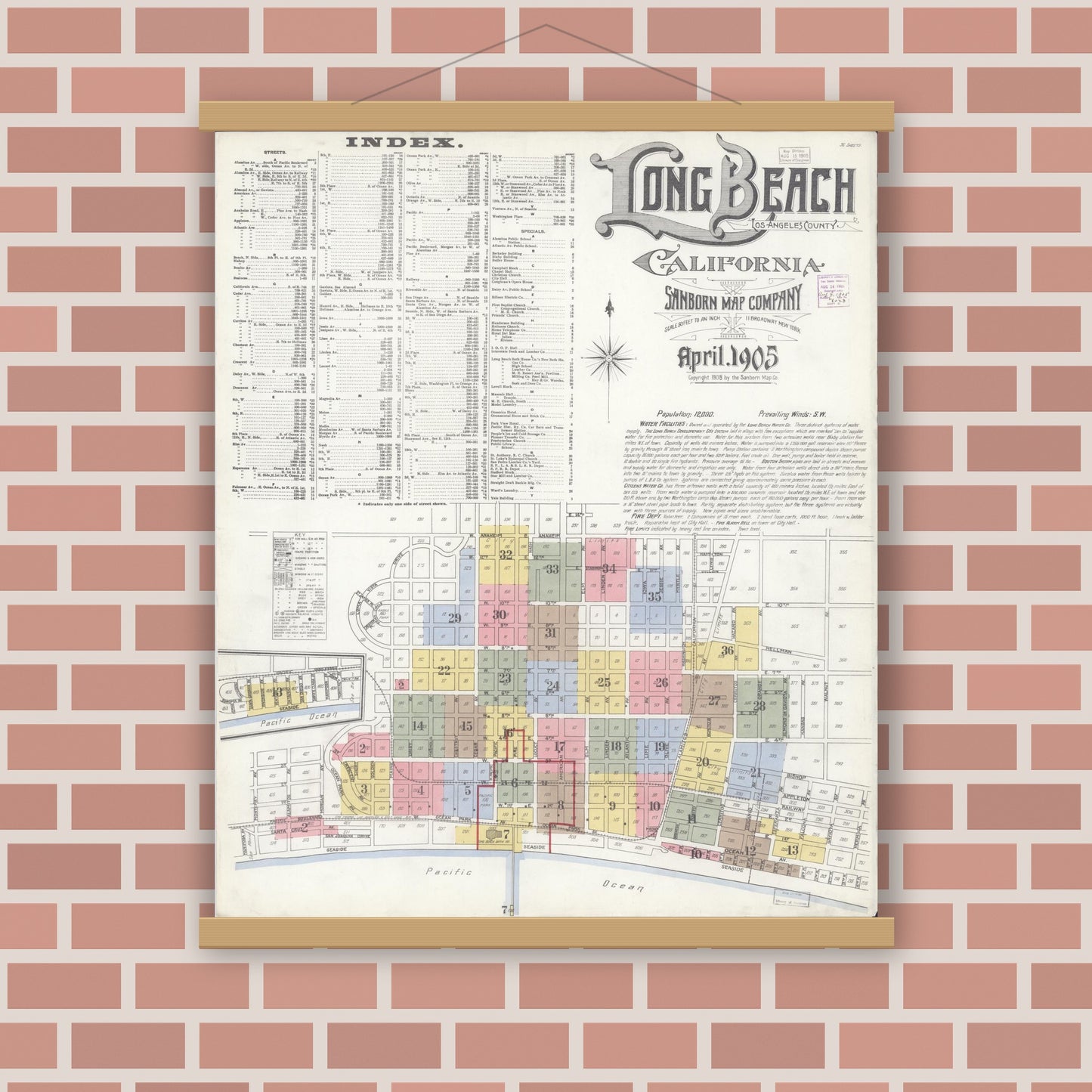 Old map wall art mockup — magnetic wood frame on brick wall — Sanborn Fire Insurance Map from Long Beach, Los Angeles County, California (1905) - Complete Map Set