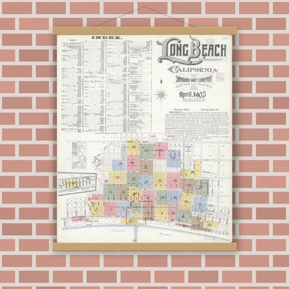 Old map wall art mockup — magnetic wood frame on brick wall — Sanborn Fire Insurance Map from Long Beach, Los Angeles County, California (1905) - Complete Map Set