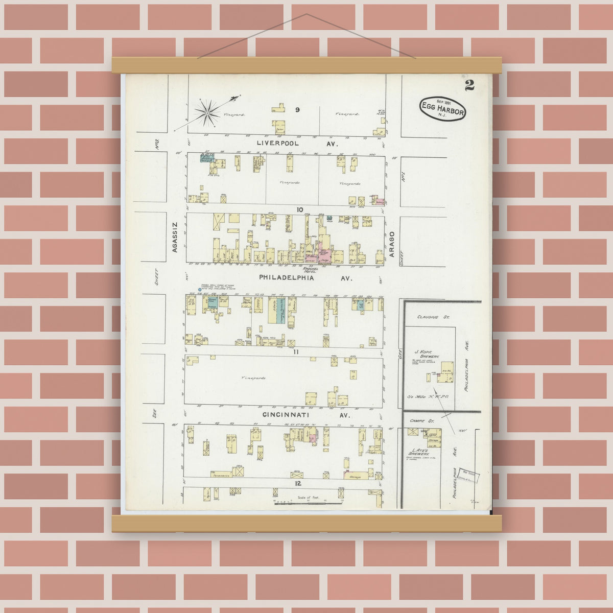 Old map wall art mockup — magnetic wood frame on brick wall — Sanborn Fire Insurance Map from Egg Harbor City, Atlantic County, New Jersey (1891), Sheet #0002
