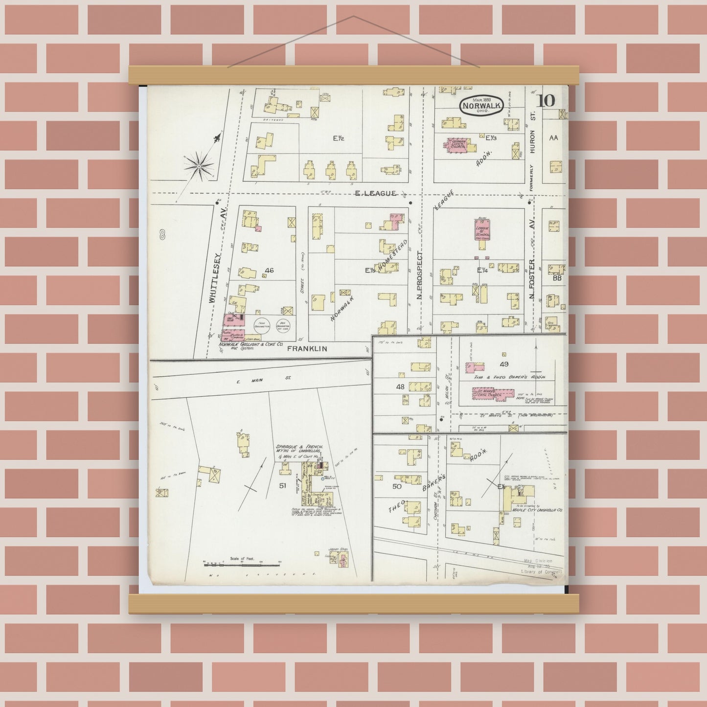 Old map wall art mockup — magnetic wood frame on brick wall — Sanborn Fire Insurance Map from Norwalk, Huron County, Ohio (1893), Sheet #0010