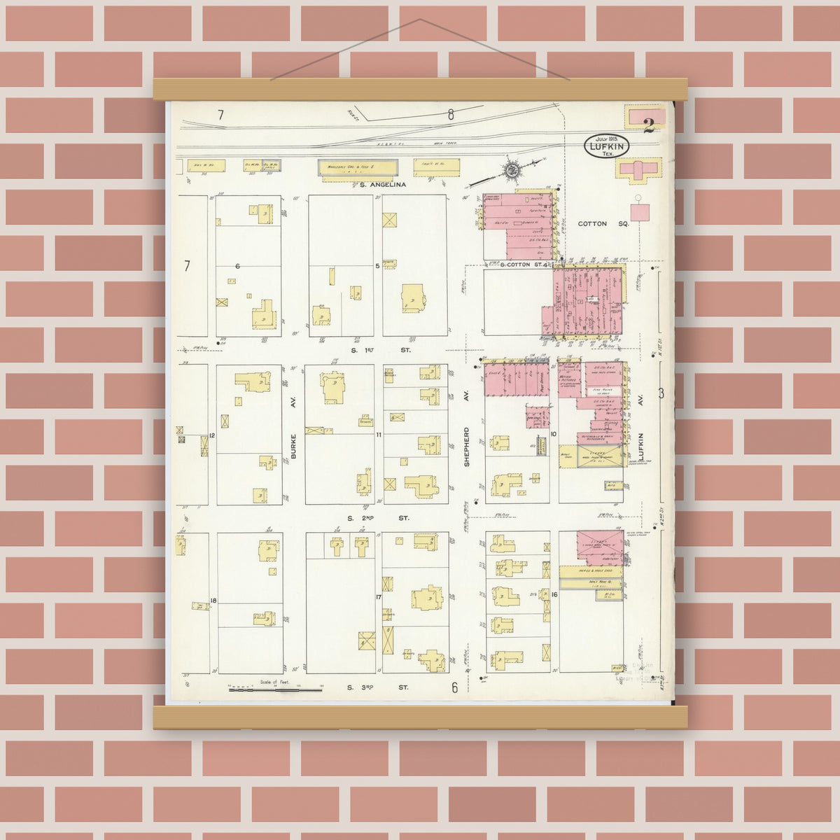 Old map wall art mockup — magnetic wood frame on brick wall — Sanborn Fire Insurance Map from Lufkin, Angelina County, Texas (1915), Sheet #0002