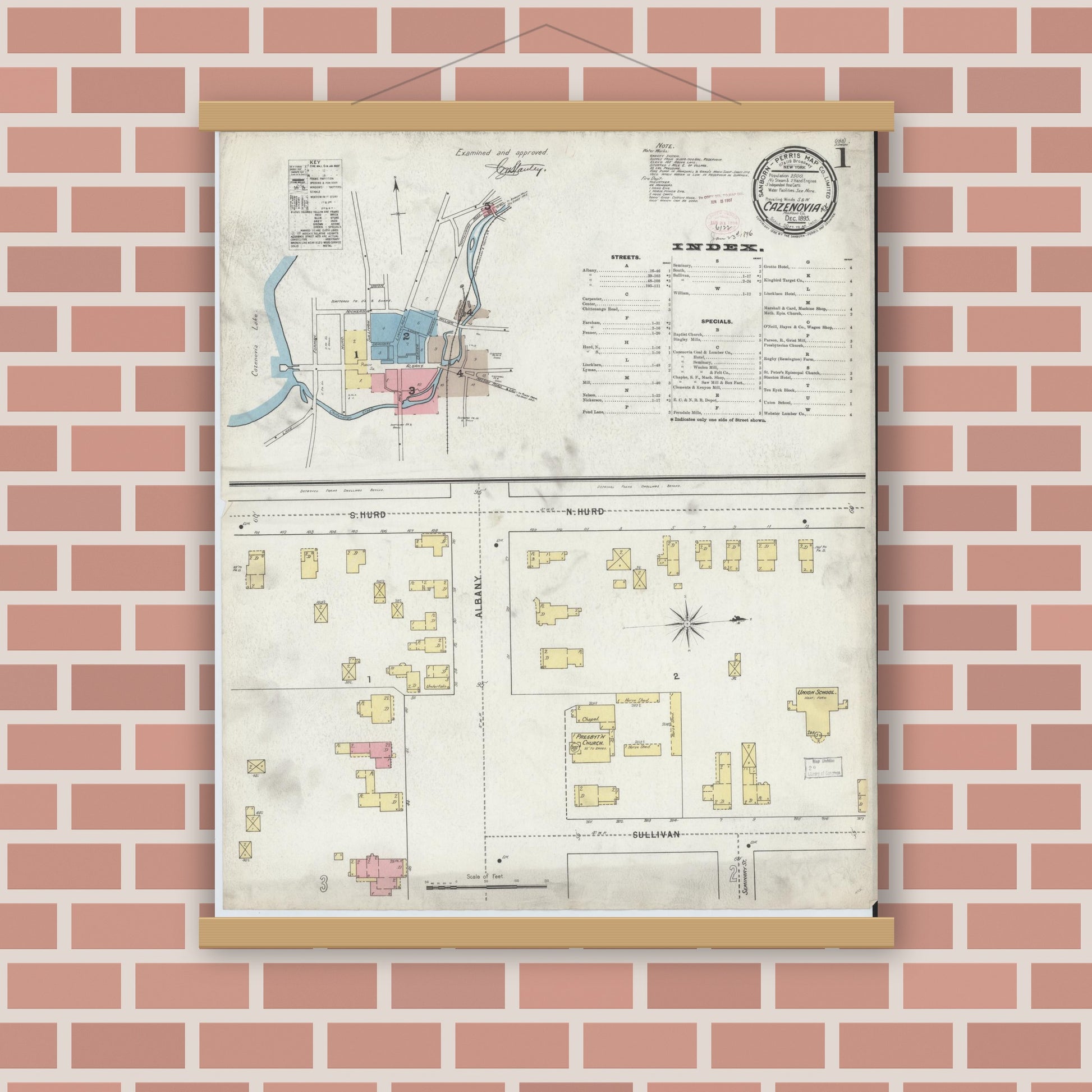 Old map wall art mockup — magnetic wood frame on brick wall — Sanborn Fire Insurance Map from Cazenovia, Madison County, New York (1895), Sheet #0001