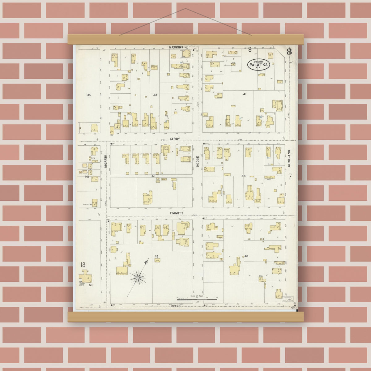 Old map wall art mockup — magnetic wood frame on brick wall — Sanborn Fire Insurance Map from Palatka, Putnam County, Florida (1897), Sheet #0008