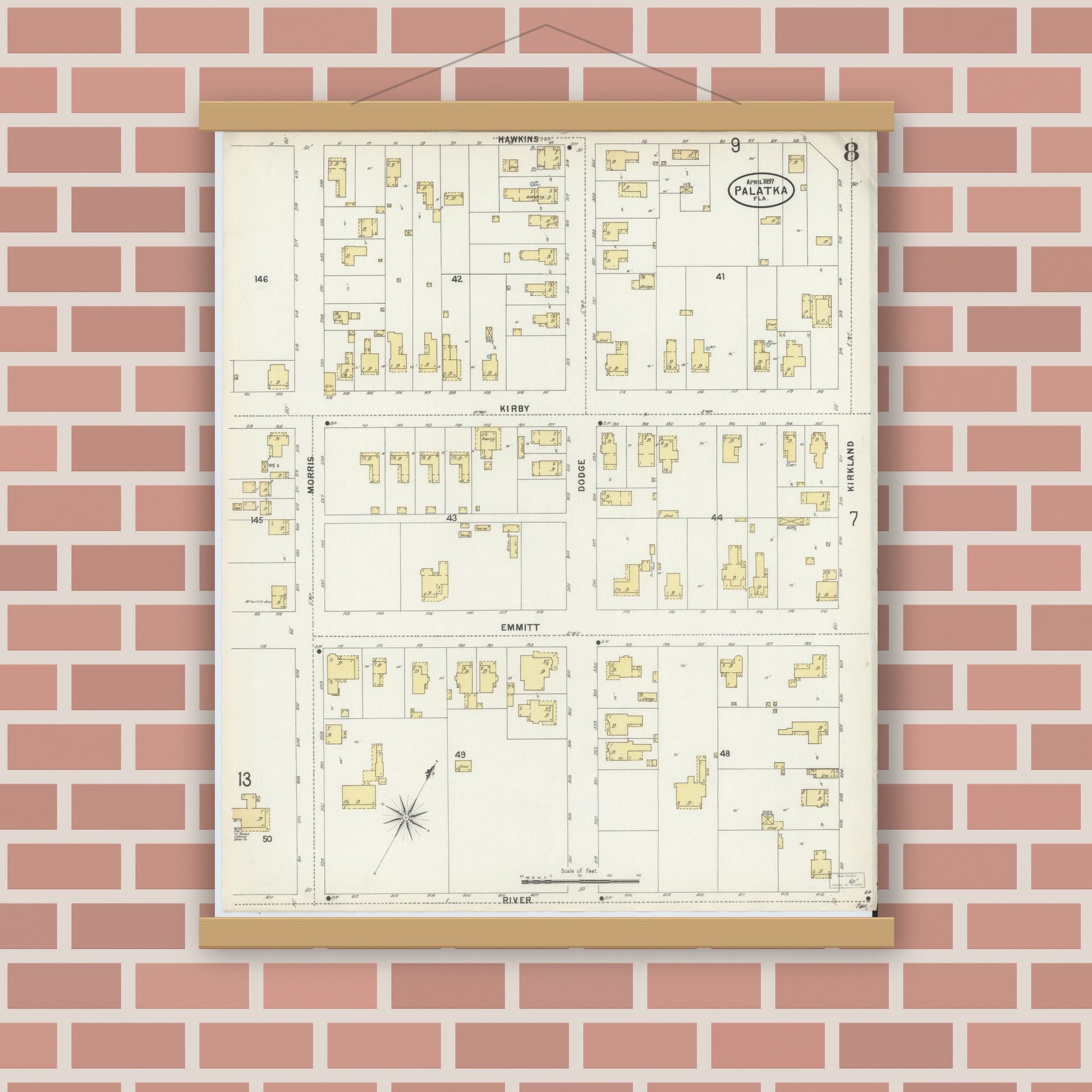 Old map wall art mockup — magnetic wood frame on brick wall — Sanborn Fire Insurance Map from Palatka, Putnam County, Florida (1897), Sheet #0008