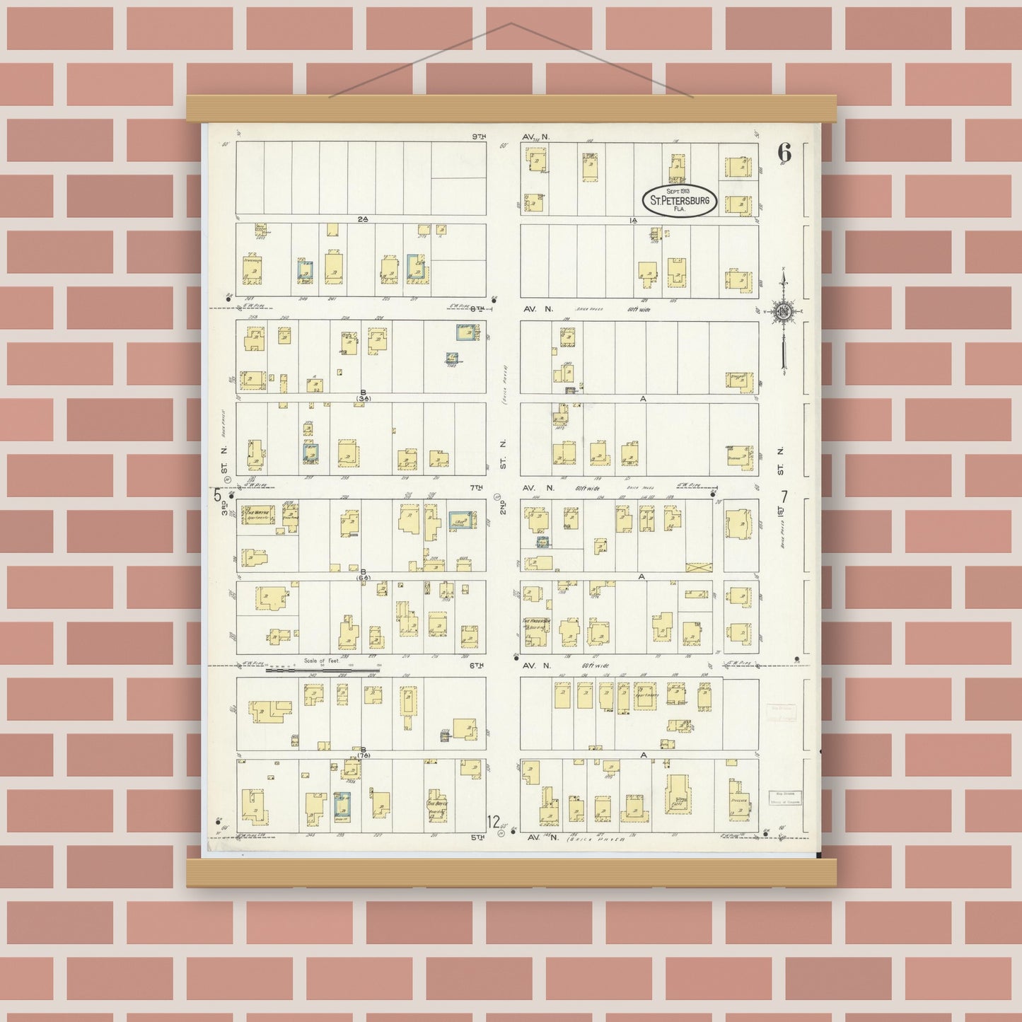 Old map wall art mockup — magnetic wood frame on brick wall — Sanborn Fire Insurance Map from Saint Petersburg, Pinellas County, Florida (1913), Sheet #0006