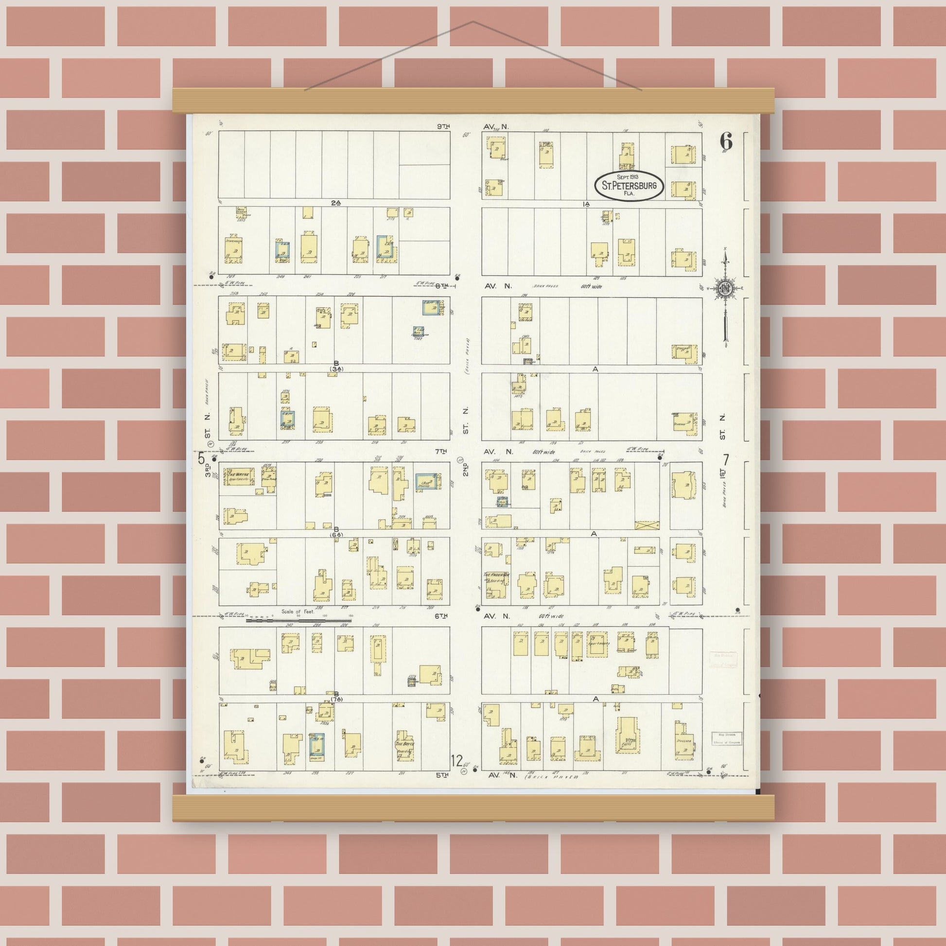 Old map wall art mockup — magnetic wood frame on brick wall — Sanborn Fire Insurance Map from Saint Petersburg, Pinellas County, Florida (1913), Sheet #0006