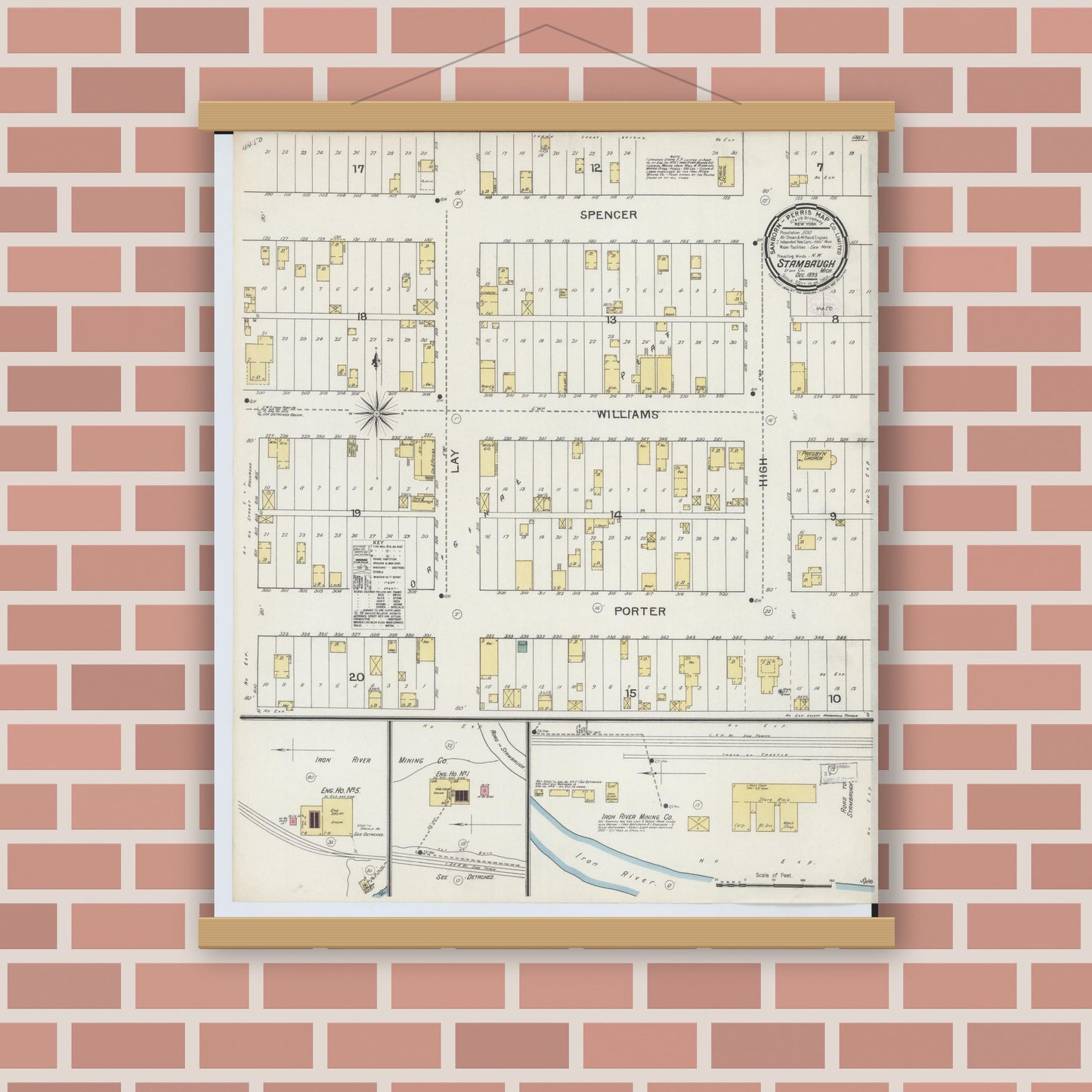 Old map wall art mockup — magnetic wood frame on brick wall — Sanborn Fire Insurance Map from Stambaugh, Iron County, Michigan (1893), Sheet #0001