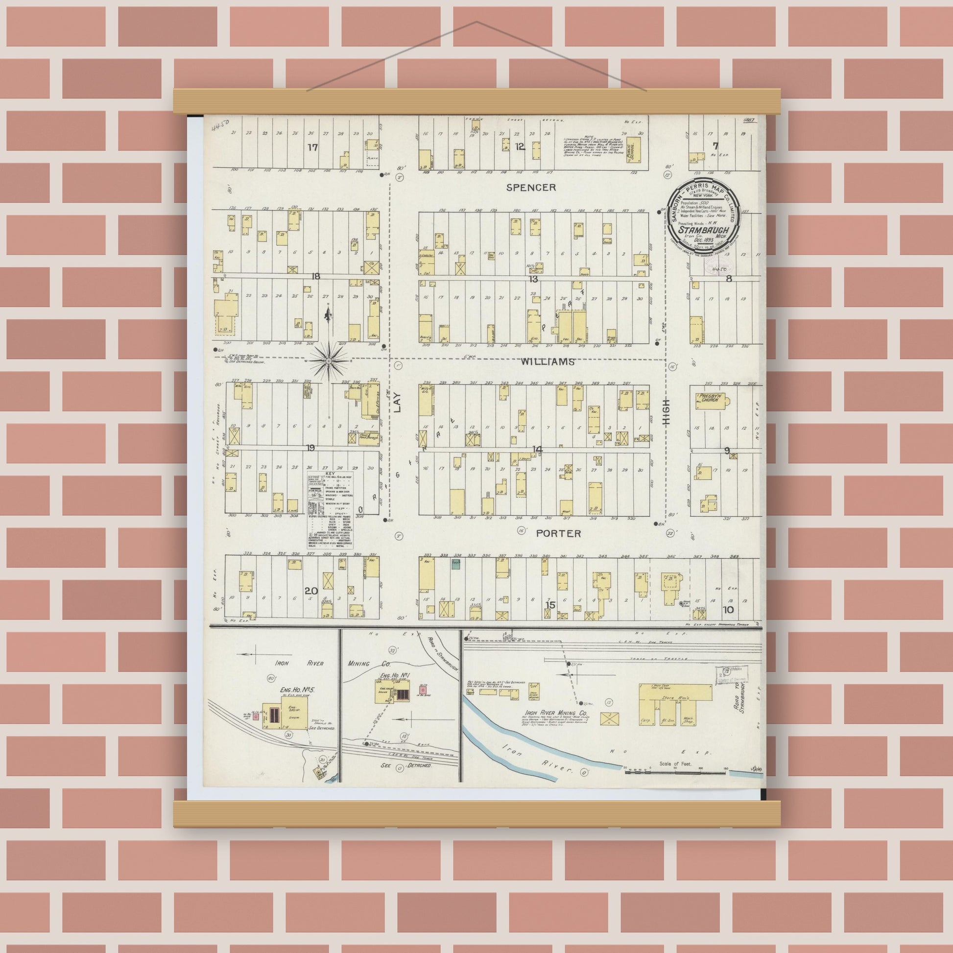 Old map wall art mockup — magnetic wood frame on brick wall — Sanborn Fire Insurance Map from Stambaugh, Iron County, Michigan (1893), Sheet #0001