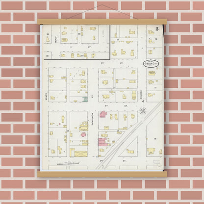 Old map wall art mockup — magnetic wood frame on brick wall — Sanborn Fire Insurance Map from Gibson City, Ford County, Illinois (1892), Sheet #0003