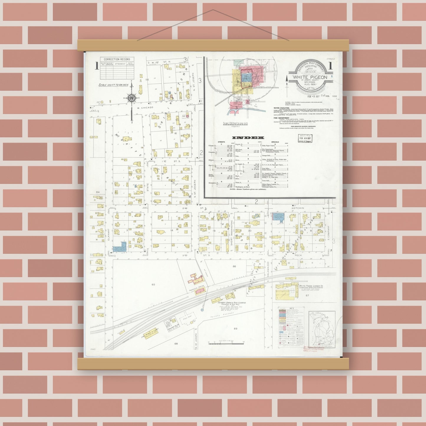 Old map wall art mockup — magnetic wood frame on brick wall — Sanborn Fire Insurance Map from White Pigeon, Saint Joseph County, Michigan (1936) - Complete Map Set
