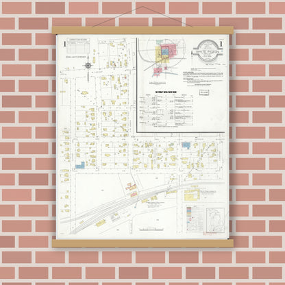 Old map wall art mockup — magnetic wood frame on brick wall — Sanborn Fire Insurance Map from White Pigeon, Saint Joseph County, Michigan (1936) - Complete Map Set
