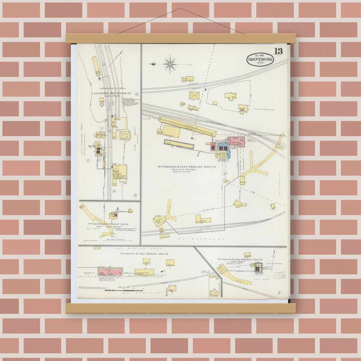 Old map wall art mockup — magnetic wood frame on brick wall — Sanborn Fire Insurance Map from Ishpeming, Marquette County, Michigan (1892), Sheet #0013