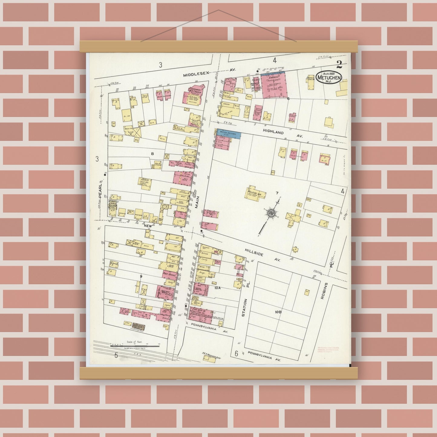 Old map wall art mockup — magnetic wood frame on brick wall — Sanborn Fire Insurance Map from Metuchen, Middlesex County, New Jersey (1920), Sheet #0002