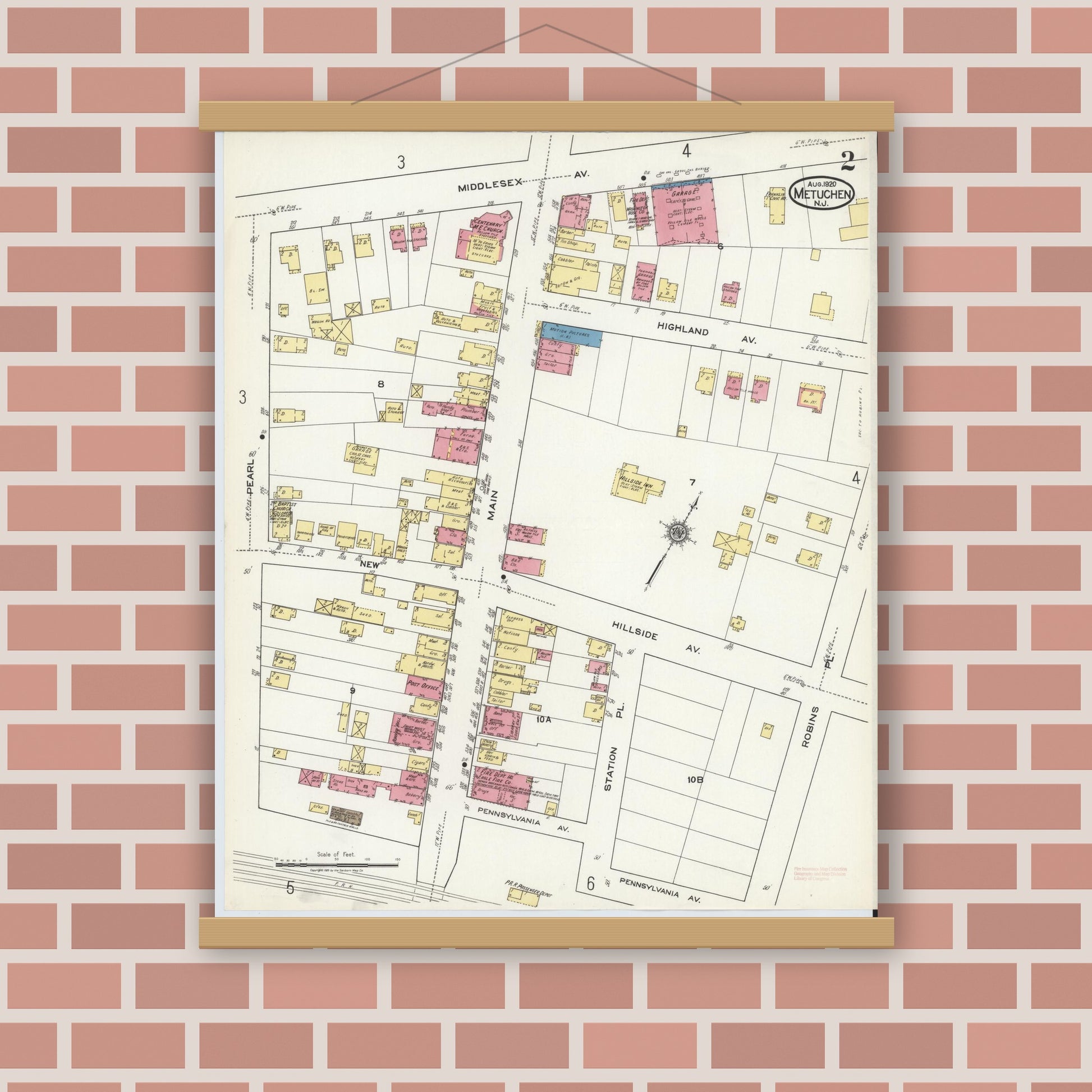 Old map wall art mockup — magnetic wood frame on brick wall — Sanborn Fire Insurance Map from Metuchen, Middlesex County, New Jersey (1920), Sheet #0002