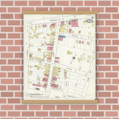 Old map wall art mockup — magnetic wood frame on brick wall — Sanborn Fire Insurance Map from Metuchen, Middlesex County, New Jersey (1920), Sheet #0002