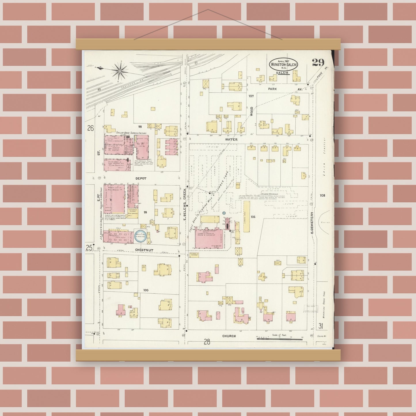 Old map wall art mockup — magnetic wood frame on brick wall — Sanborn Fire Insurance Map from Winston-Salem, Forsyth County, North Carolina (1907), Sheet #0029