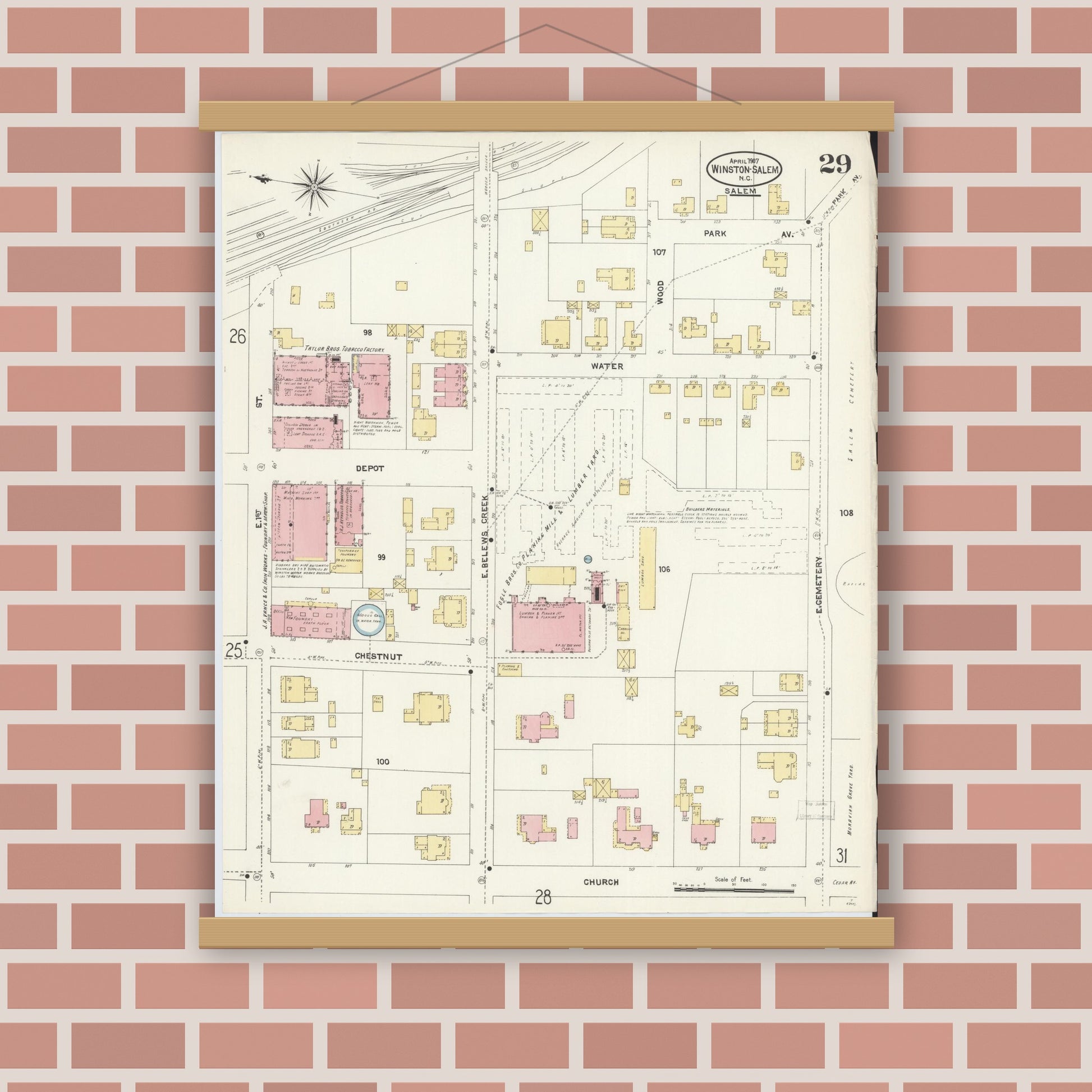 Old map wall art mockup — magnetic wood frame on brick wall — Sanborn Fire Insurance Map from Winston-Salem, Forsyth County, North Carolina (1907), Sheet #0029