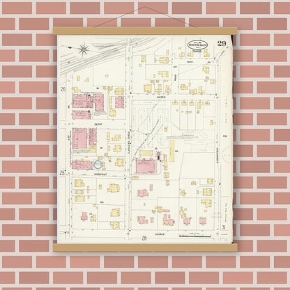 Old map wall art mockup — magnetic wood frame on brick wall — Sanborn Fire Insurance Map from Winston-Salem, Forsyth County, North Carolina (1907), Sheet #0029