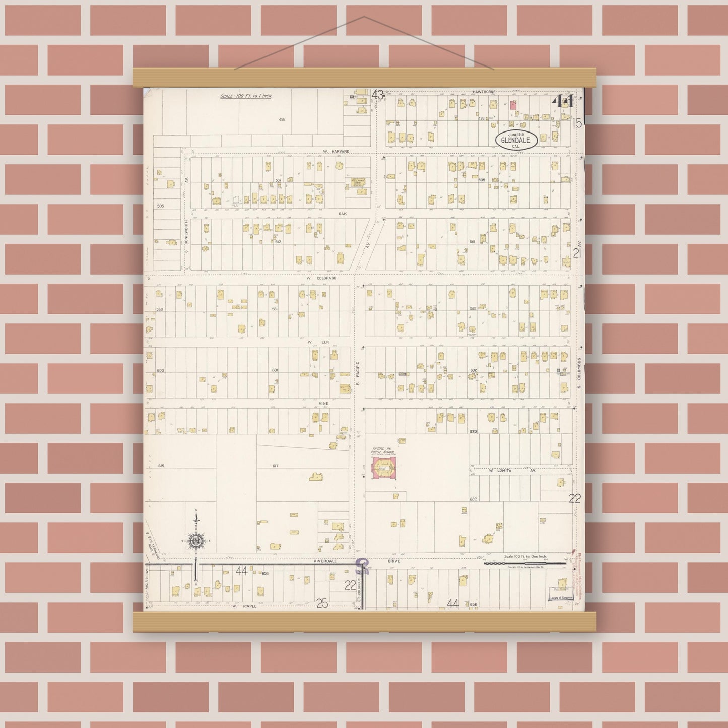 Old map wall art mockup — magnetic wood frame on brick wall — Sanborn Fire Insurance Map from Glendale, Los Angeles County, California (1919), Sheet #0044