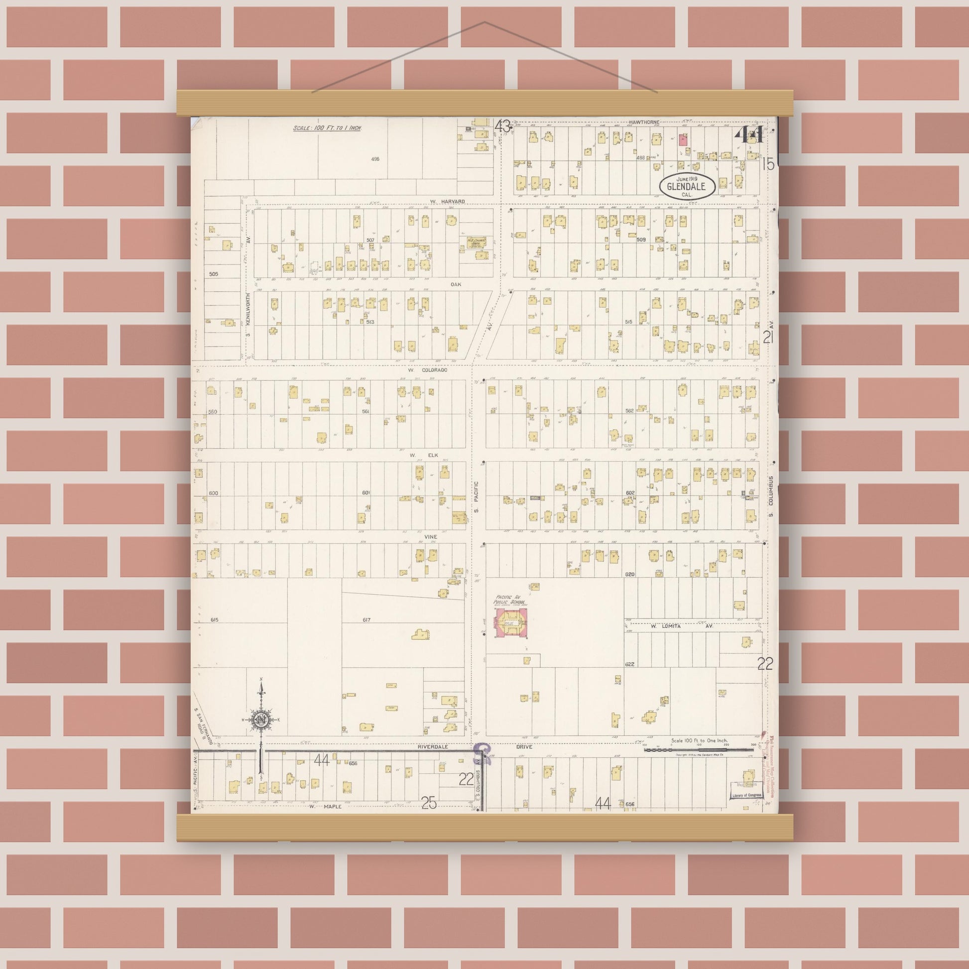 Old map wall art mockup — magnetic wood frame on brick wall — Sanborn Fire Insurance Map from Glendale, Los Angeles County, California (1919), Sheet #0044