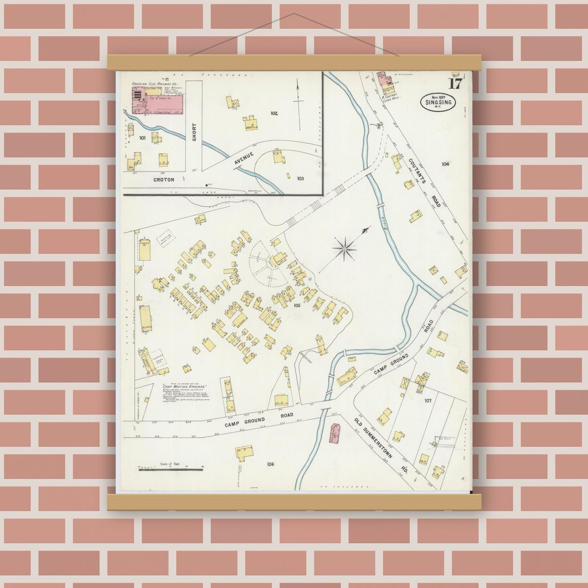 Old map wall art mockup — magnetic wood frame on brick wall — Sanborn Fire Insurance Map from Sing Sing, Westchester County, New York (1897), Sheet #0017