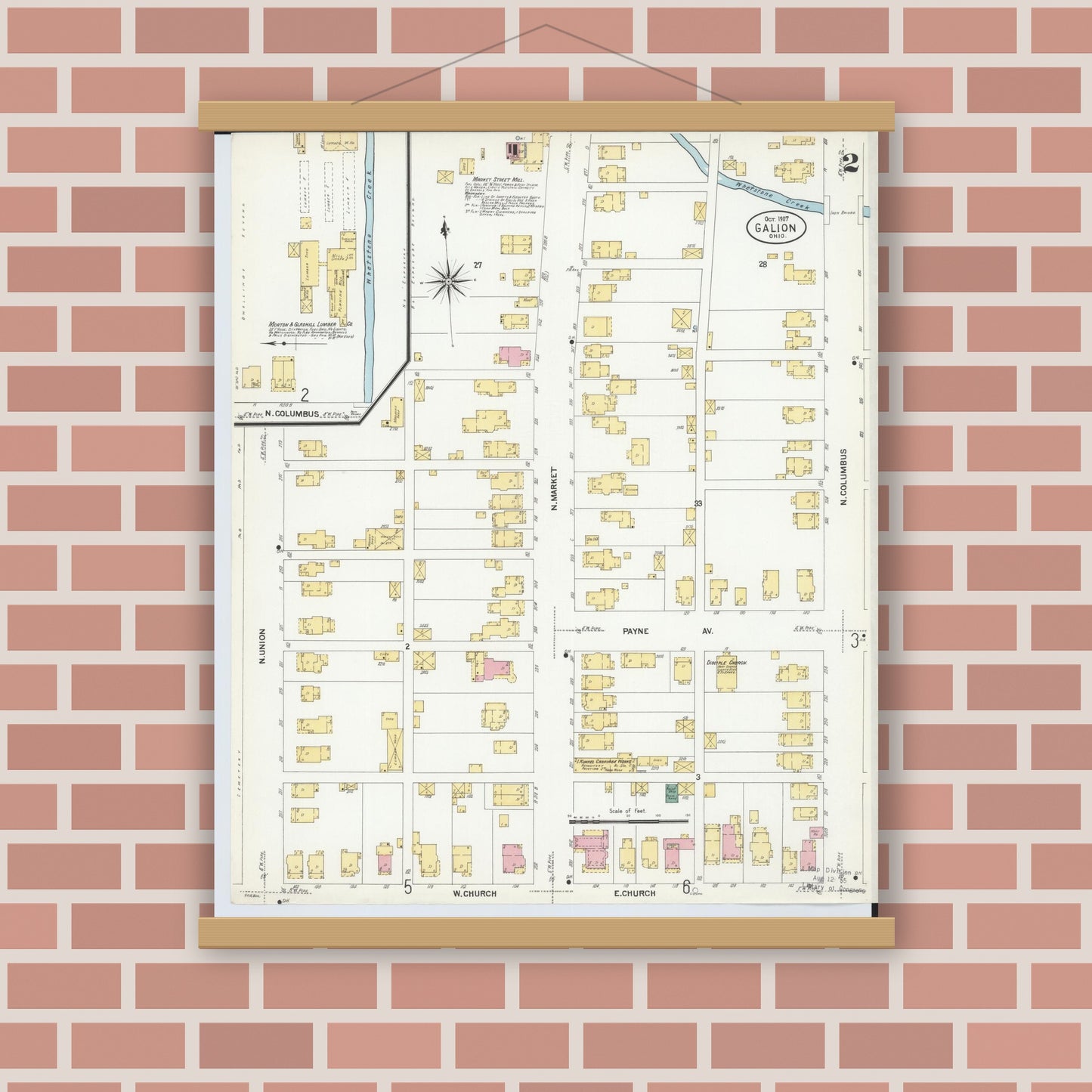 Old map wall art mockup — magnetic wood frame on brick wall — Sanborn Fire Insurance Map from Galion, Crawford County, Ohio (1907), Sheet #0002
