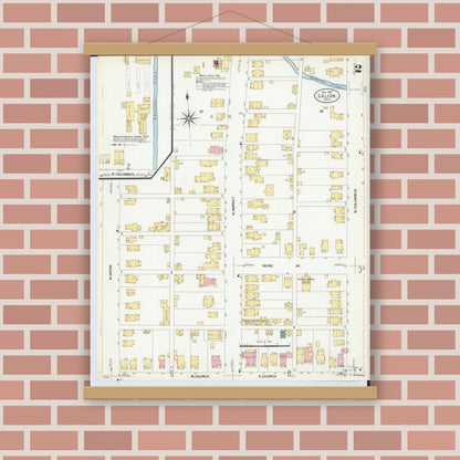 Old map wall art mockup — magnetic wood frame on brick wall — Sanborn Fire Insurance Map from Galion, Crawford County, Ohio (1907), Sheet #0002