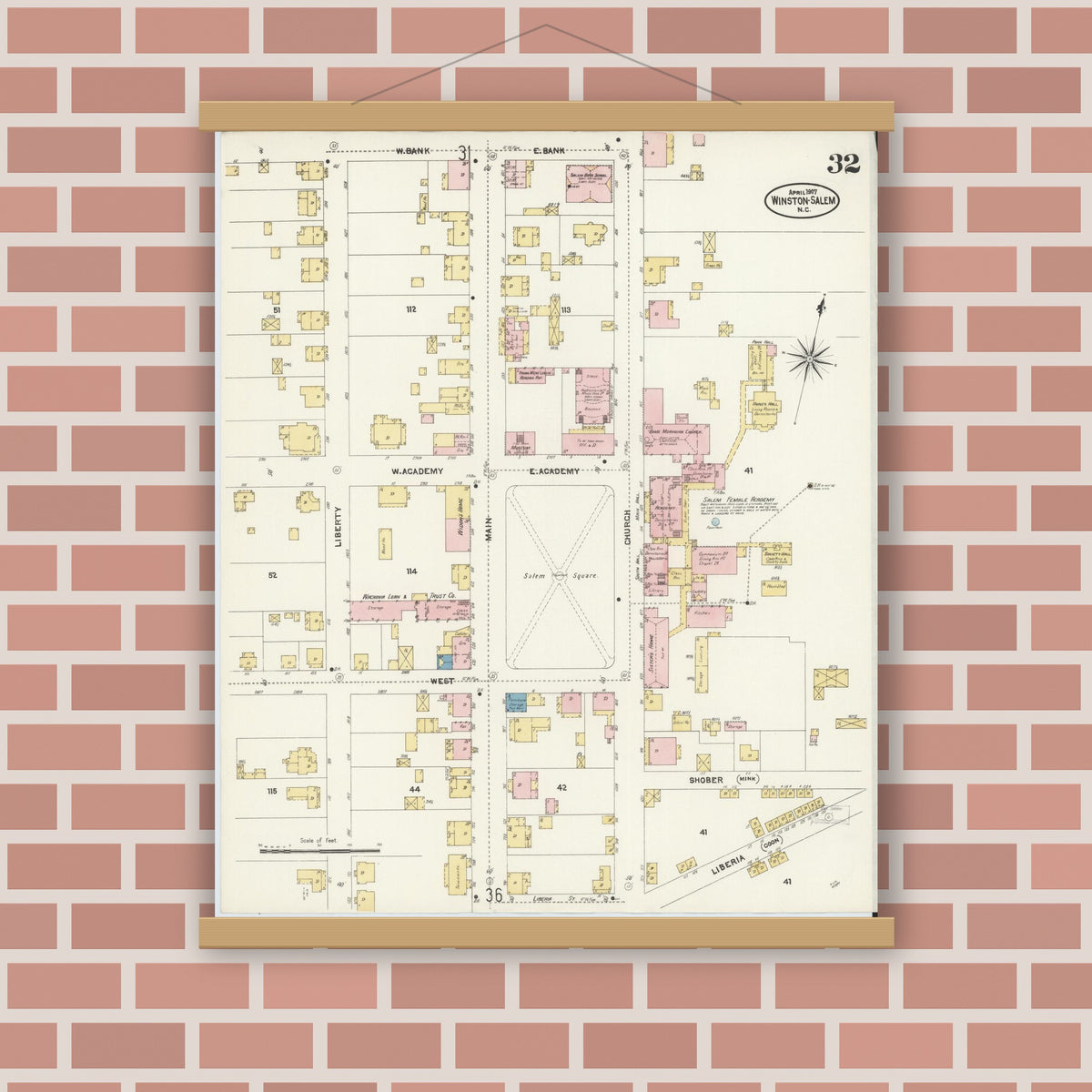 Old map wall art mockup — magnetic wood frame on brick wall — Sanborn Fire Insurance Map from Winston-Salem, Forsyth County, North Carolina (1907), Sheet #0032