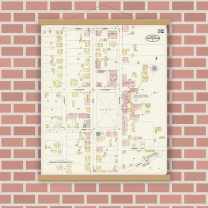 Old map wall art mockup — magnetic wood frame on brick wall — Sanborn Fire Insurance Map from Winston-Salem, Forsyth County, North Carolina (1907), Sheet #0032