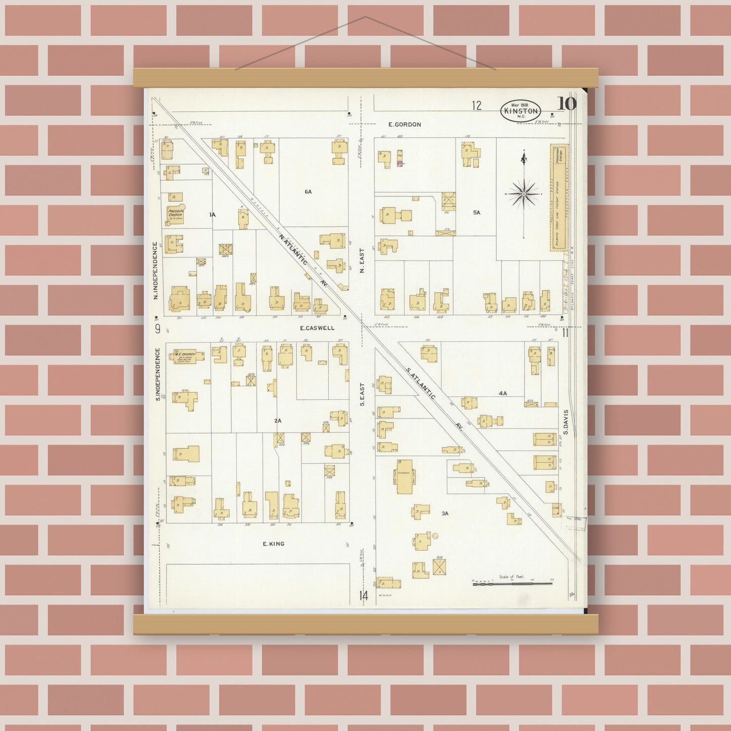 Old map wall art mockup — magnetic wood frame on brick wall — Sanborn Fire Insurance Map from Kinston, Lenoir County, North Carolina (1908), Sheet #0010