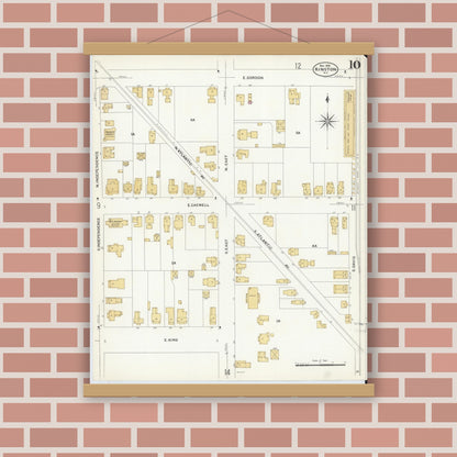 Old map wall art mockup — magnetic wood frame on brick wall — Sanborn Fire Insurance Map from Kinston, Lenoir County, North Carolina (1908), Sheet #0010