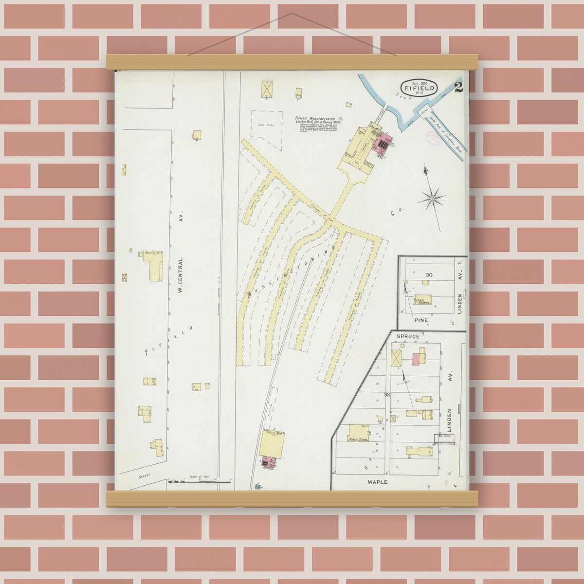 Old map wall art mockup — magnetic wood frame on brick wall — Sanborn Fire Insurance Map from Fifield, Price County, Wisconsin (1894), Sheet #0002