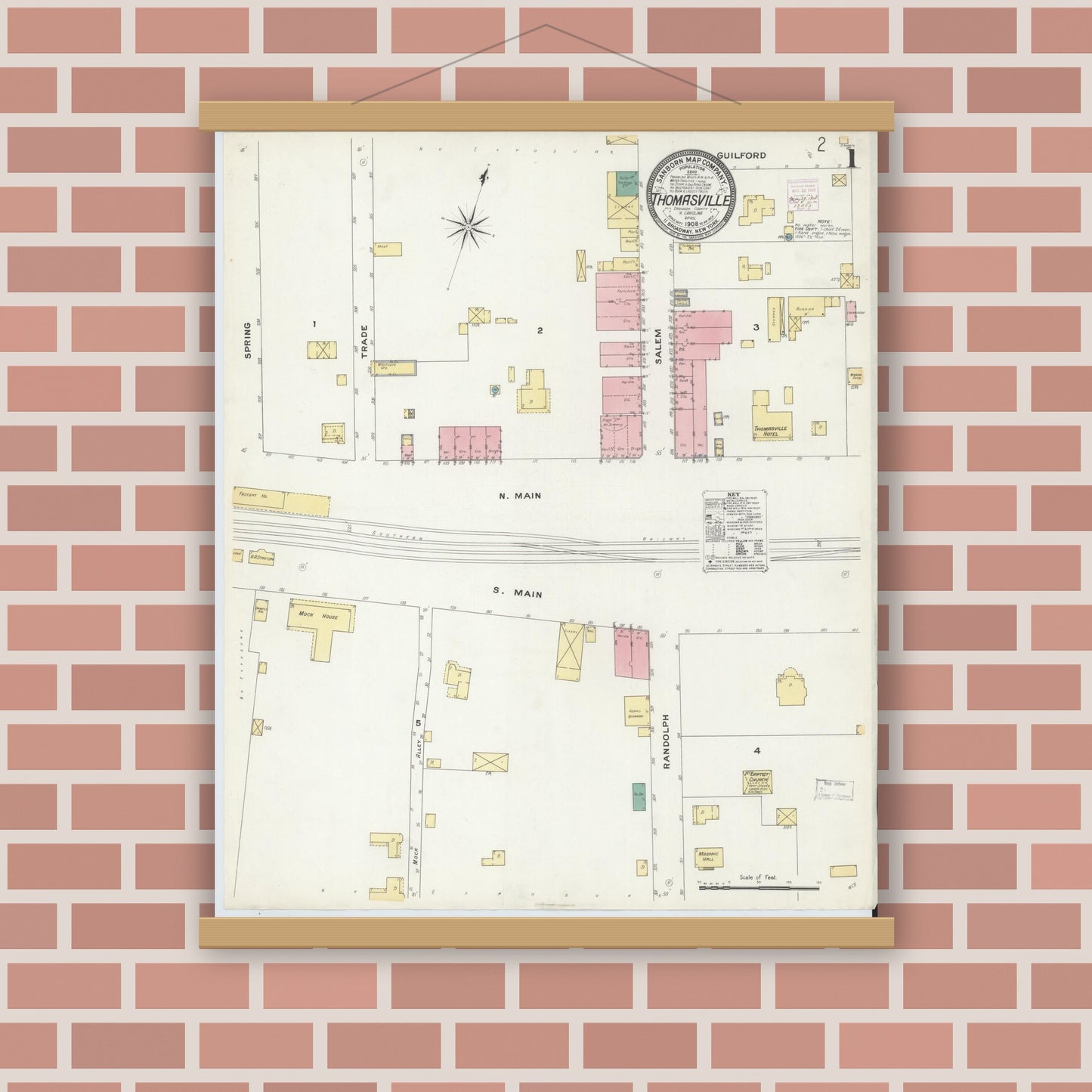 Old map wall art mockup — magnetic wood frame on brick wall — Sanborn Fire Insurance Map from Thomasville, Davidson County, North Carolina (1908), Sheet #0001