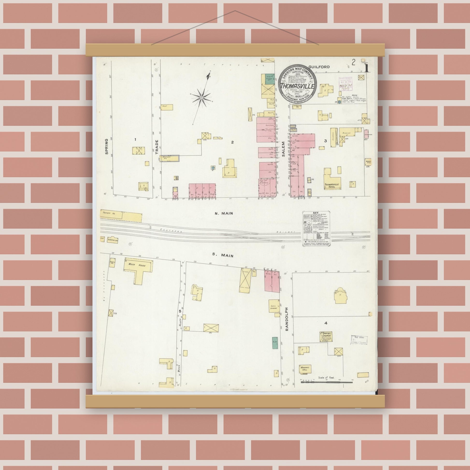 Old map wall art mockup — magnetic wood frame on brick wall — Sanborn Fire Insurance Map from Thomasville, Davidson County, North Carolina (1908), Sheet #0001