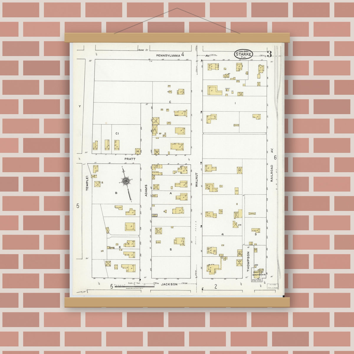 Old map wall art mockup — magnetic wood frame on brick wall — Sanborn Fire Insurance Map from Starke, Bradford County, Florida (1920), Sheet #0003