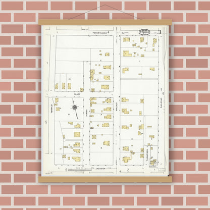 Old map wall art mockup — magnetic wood frame on brick wall — Sanborn Fire Insurance Map from Starke, Bradford County, Florida (1920), Sheet #0003