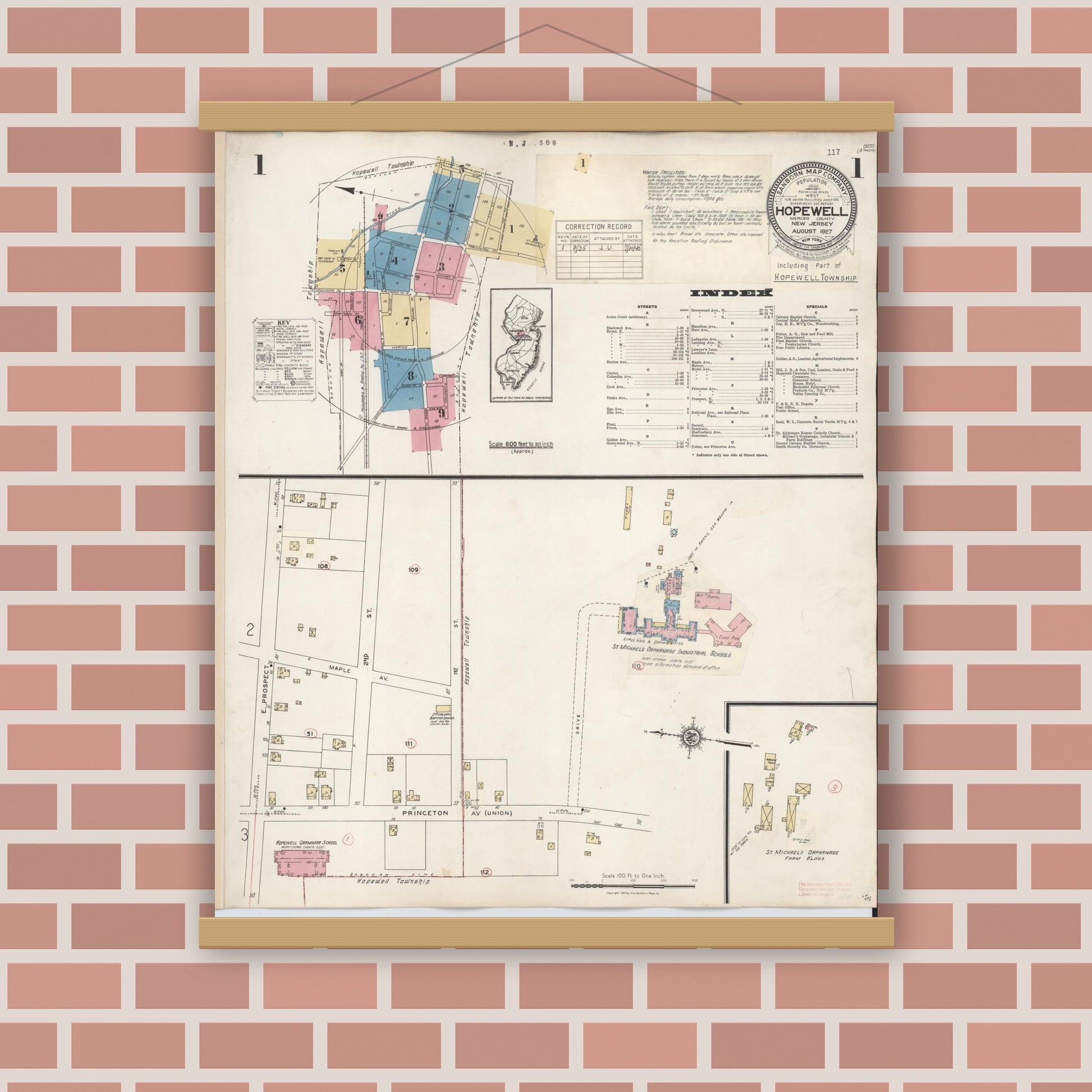 Old map wall art mockup — magnetic wood frame on brick wall — Sanborn Fire Insurance Map from Hopewell, Mercer County, New Jersey (1935) - Complete Map Set