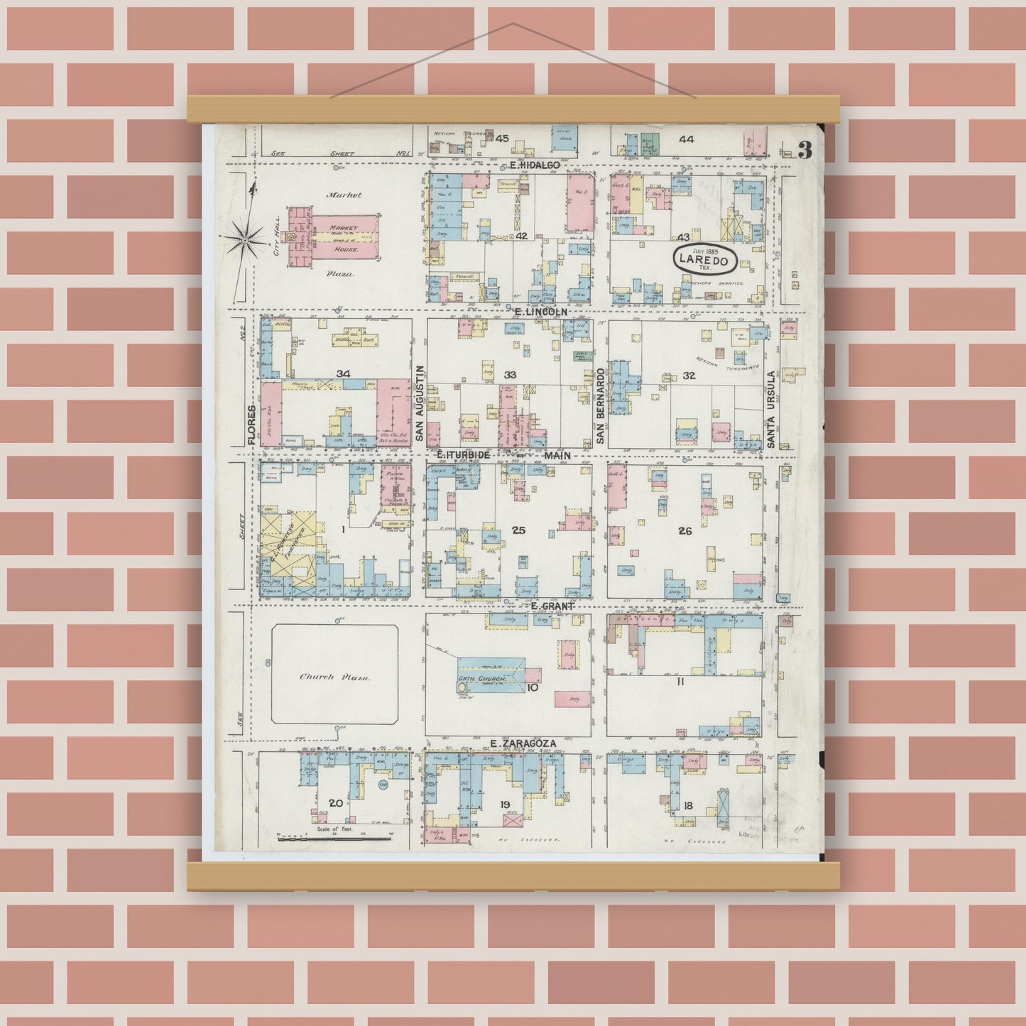 Old map wall art mockup — magnetic wood frame on brick wall — Sanborn Fire Insurance Map from Laredo, Webb County, Texas (1889), Sheet #0003