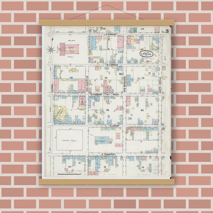 Old map wall art mockup — magnetic wood frame on brick wall — Sanborn Fire Insurance Map from Laredo, Webb County, Texas (1889), Sheet #0003