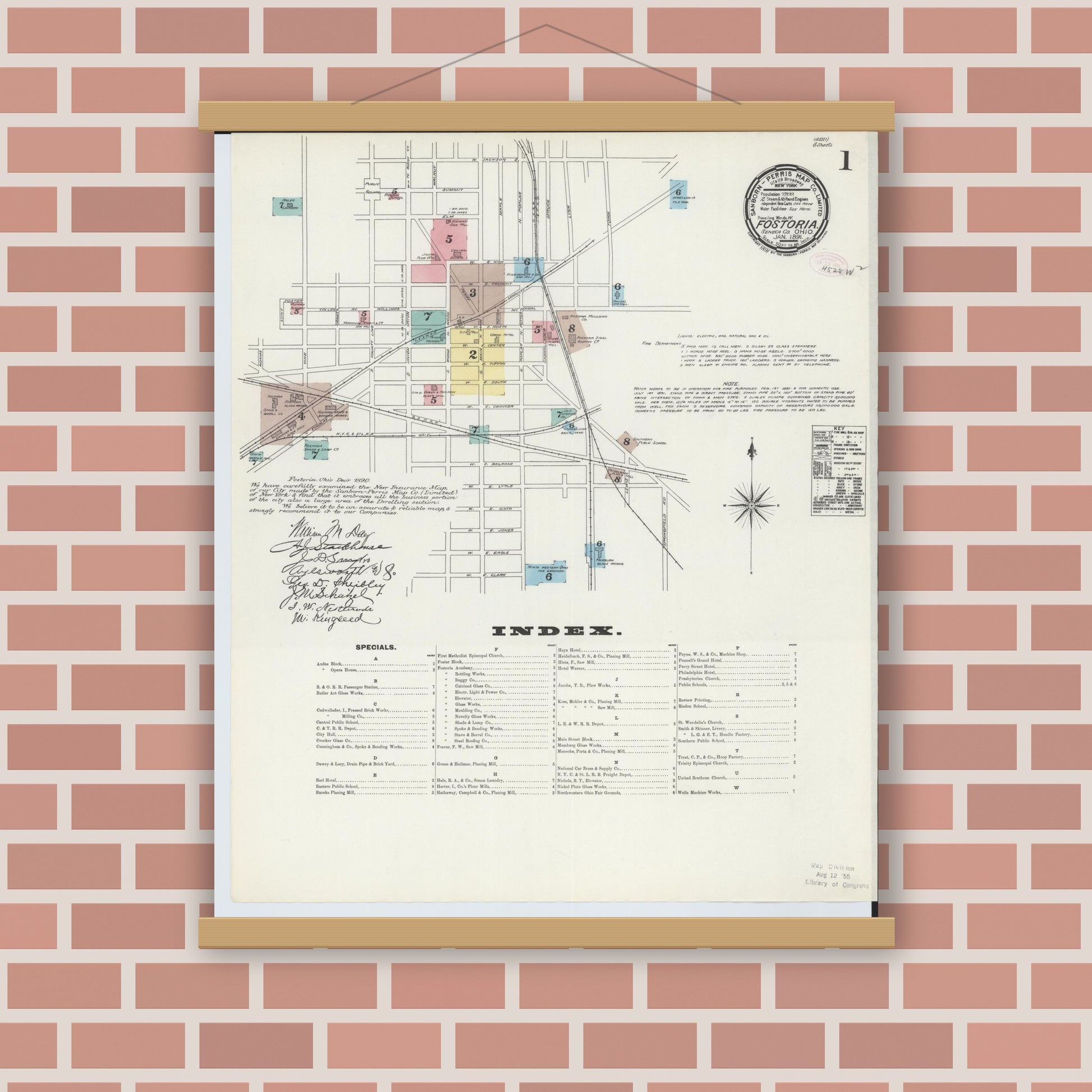 Old map wall art mockup — magnetic wood frame on brick wall — Sanborn Fire Insurance Map from Fostoria, Seneca, Hancock, And Wood Counties, Ohio (1891) - Complete Map Set