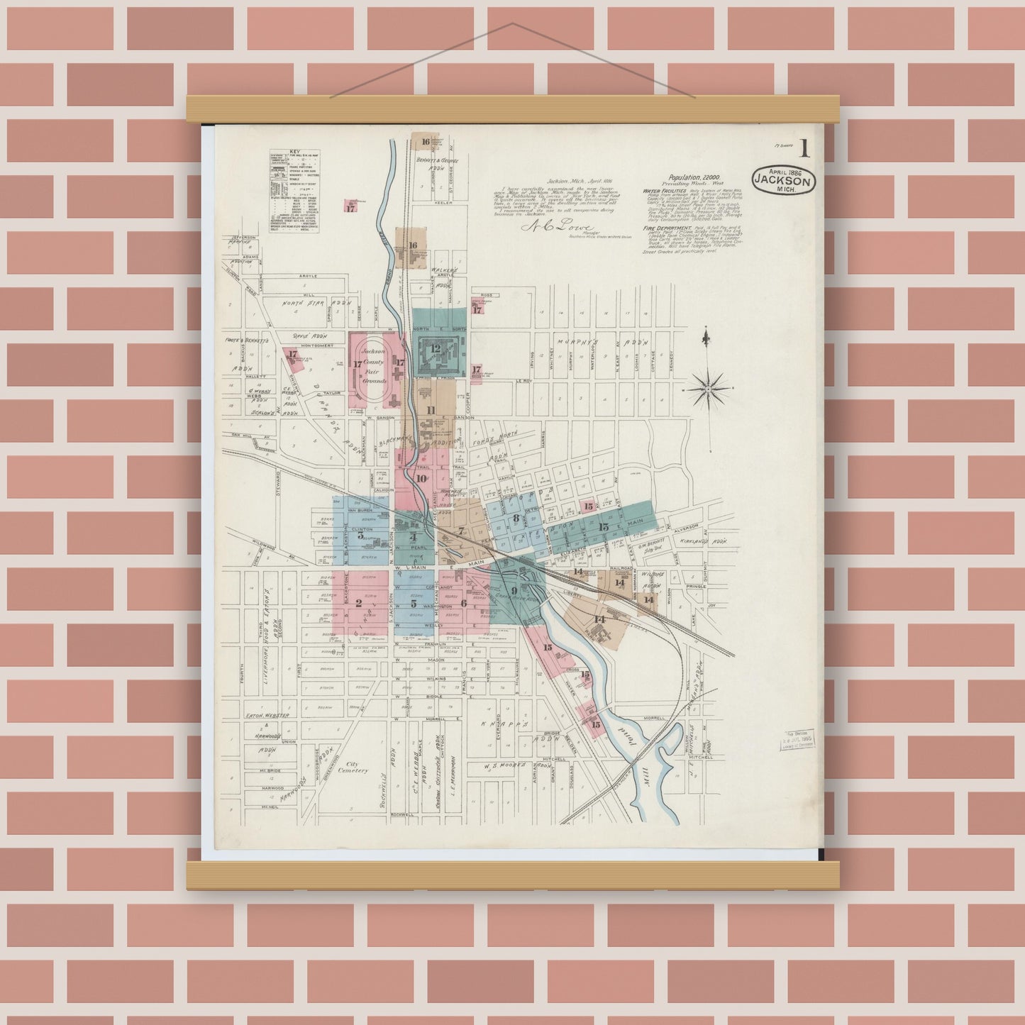Old map wall art mockup — magnetic wood frame on brick wall — Sanborn Fire Insurance Map from Jackson, Jackson County, Michigan (1886) - Complete Map Set