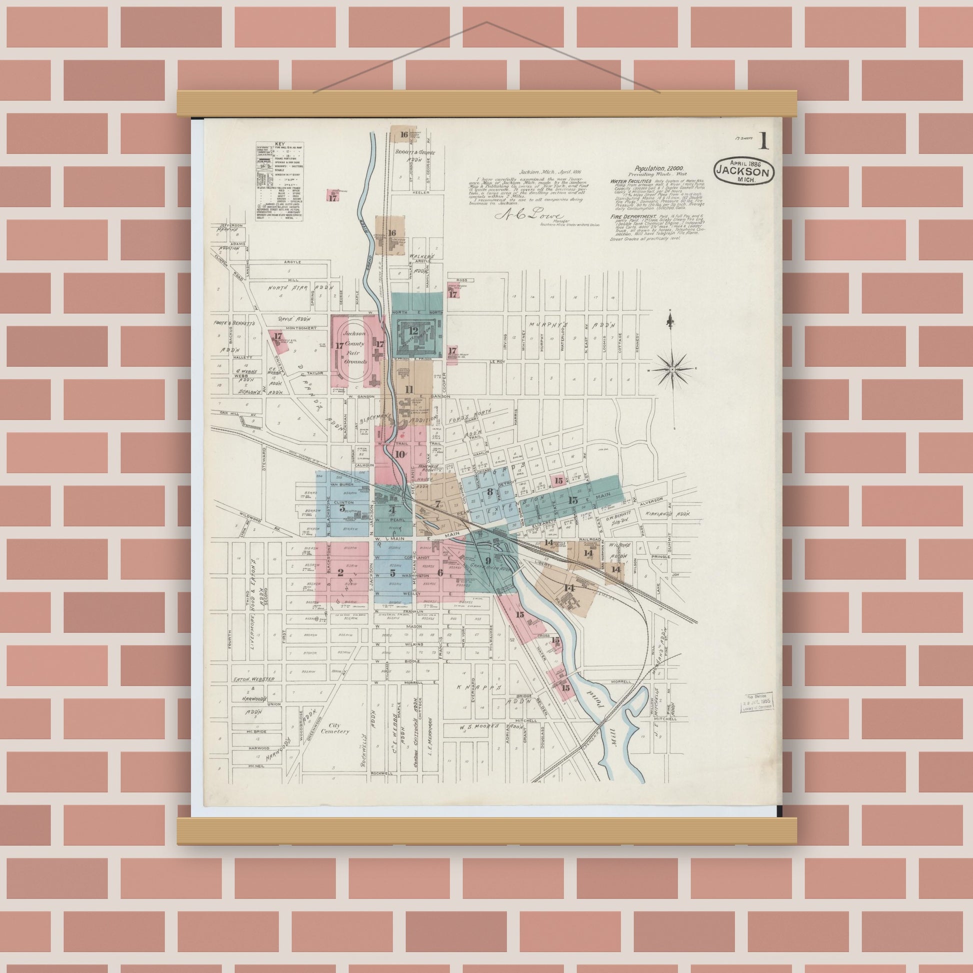 Old map wall art mockup — magnetic wood frame on brick wall — Sanborn Fire Insurance Map from Jackson, Jackson County, Michigan (1886) - Complete Map Set